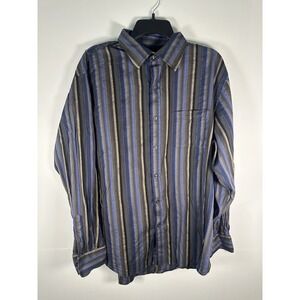 Tasso Elba Ella Mens Large striped dress shirt 100% cotton Blue Black Brown
